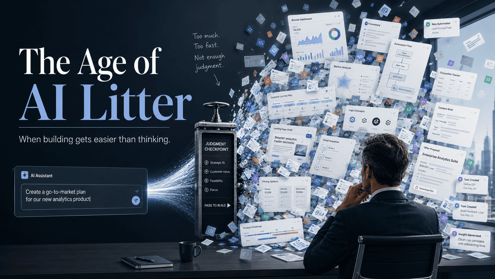 The Age of AI Litter editorial cover, showing a leader facing a flood of AI-generated dashboards, automations, assistants, and prototypes.