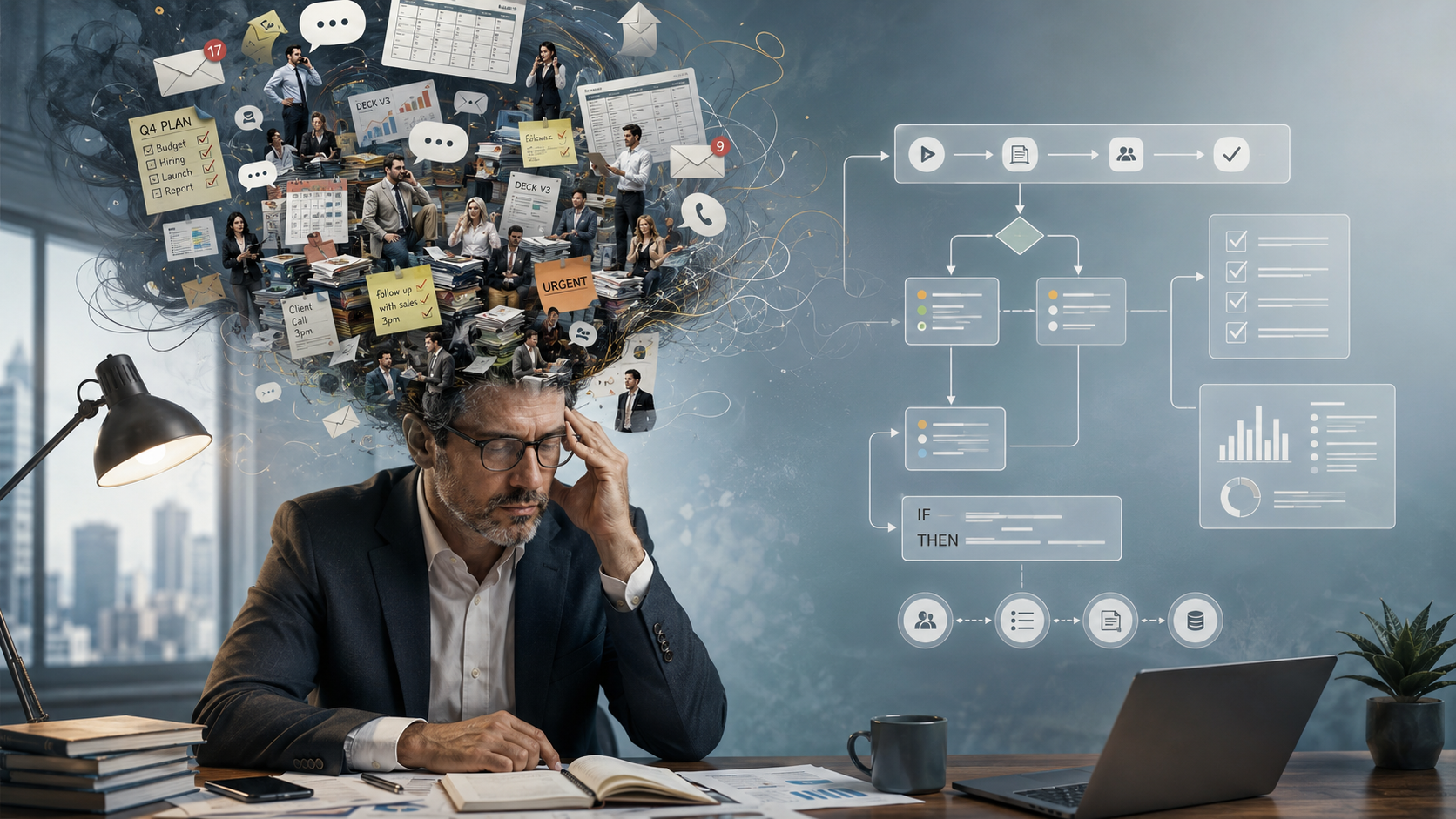 A business leader overwhelmed by chaotic tasks, messages, spreadsheets, and miniature teams inside his head, contrasted with a clean operating system diagram.